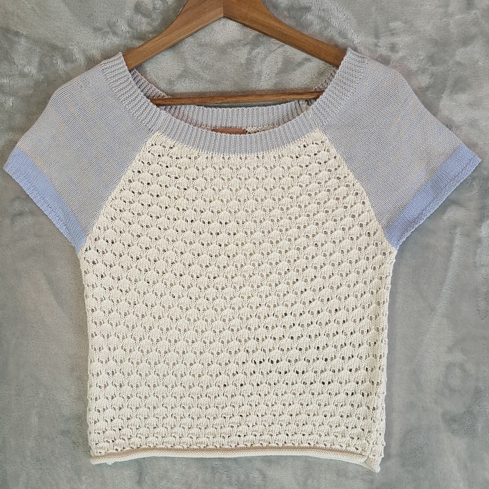 33 Coastal Women XS Open Weave Pointelle Raglan Sweater Short Sleeve Blue Cream
